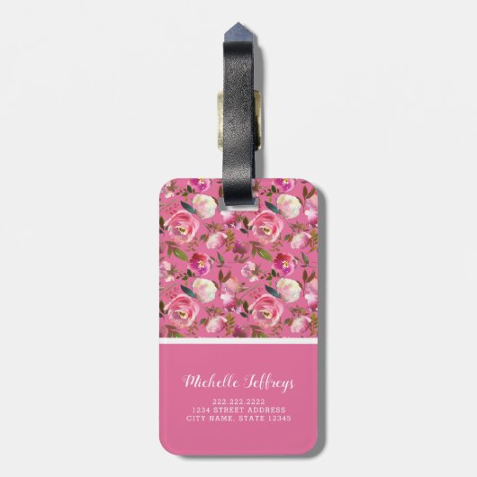 Personalisierter Name | Rosa florale Monogramm Gepäckanhänger (Rückseite vertikal)