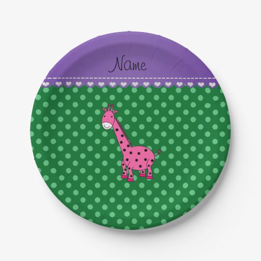 Personalisierter Name Rosa Giraffe Grüne Polka Pun Pappteller (Vorderseite)