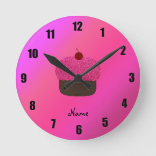 Personalisierter Name Rosa Glitzer cupcake Runde Wanduhr