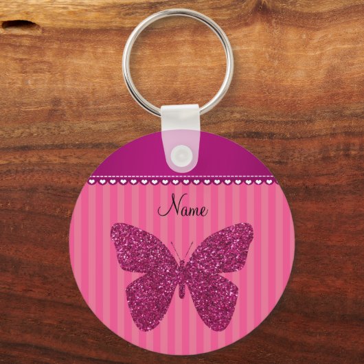 Personalisierter Name Rosa Glitzer Schmetterling Schlüsselanhänger (Vorderseite)