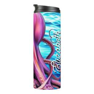 Personalisierter Name Rosa Krake Blaue Ozeanwelle Thermosbecher