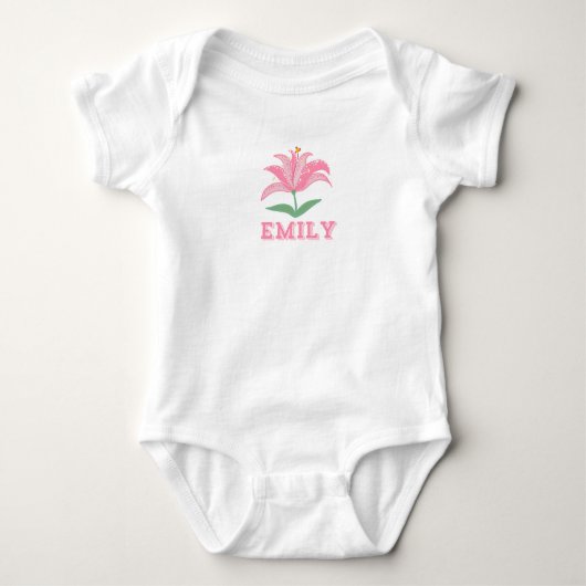 Personalisierter Name Rosa Lilie Blume Baby Bodysu Baby Strampler (Vorderseite)