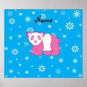 Personalisierter Name Rosa panda blauer Schneefloc Poster