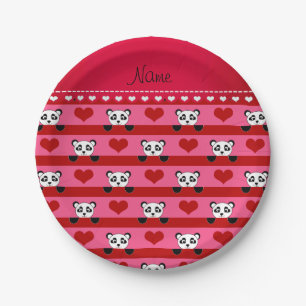 Personalisierter Name Rosa Panda rote Herzstreifen Pappteller