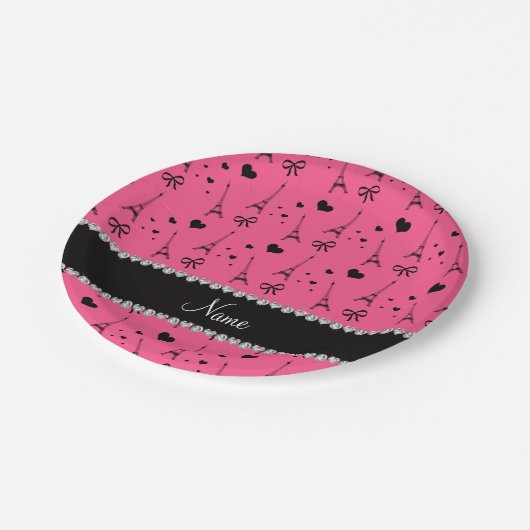 Personalisierter Name Rosa Pariseiffturm Pappteller (Schrägansicht)