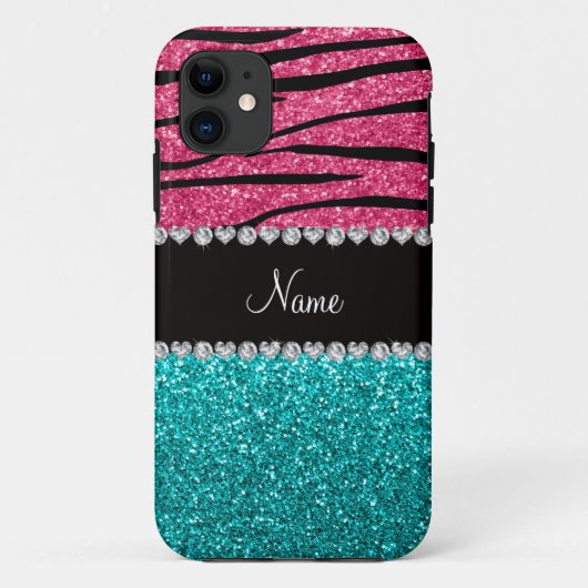 Personalisierter Name Rosa zebra türkis Glitzer Case-Mate iPhone Hülle (Rückseite)