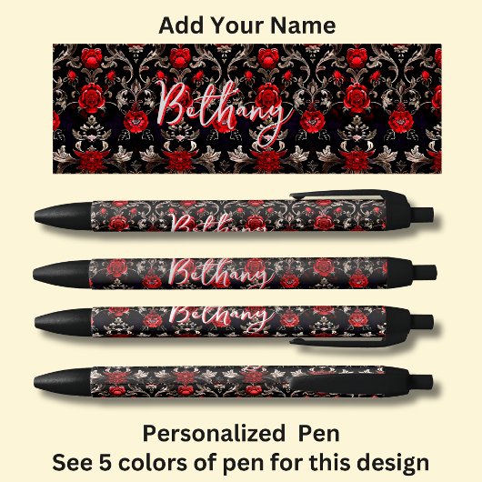 Personalisierter Name, Rote Rosen auf schwarz Kugelschreiber