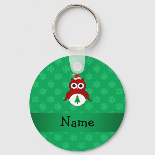 Personalisierter Name Rote Santa Uhu grüne Schneef Schlüsselanhänger (Vorderseite)