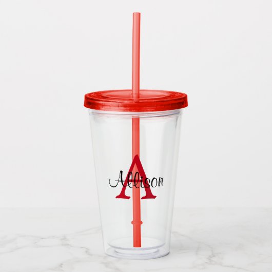 Personalisierter Name Rotes weißes Monogramm Acryltrinkbecher (Vorderseite)