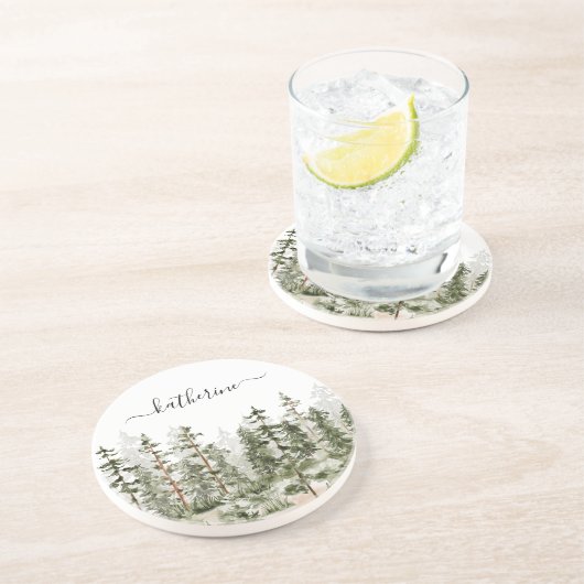 Personalisierter Name Rustikale grüne Pinienwälder Getränkeuntersetzer (Seite)