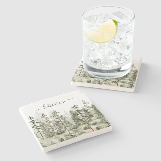 Personalisierter Name Rustikale grüne Pinienwälder Steinuntersetzer (Seitenansicht)