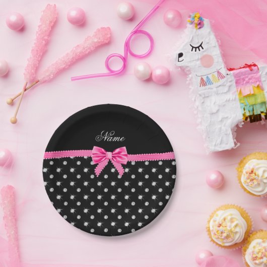 Personalisierter Name schwarze Diamanten rosa Bug Pappteller (Party)