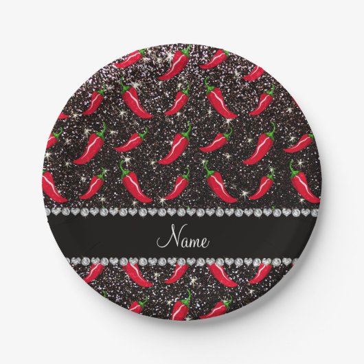 Personalisierter Name Schwarzer Glitzer Chili Pfef Pappteller (Vorderseite)