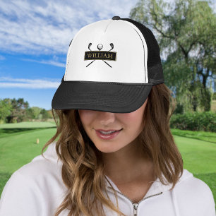 Personalisierter Name Schwarzer Goldener Golfball Truckerkappe