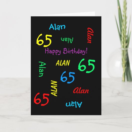 Personalisierter Name, Schwarzer Spaß, 65. Geburts Karte (Vorderseite)