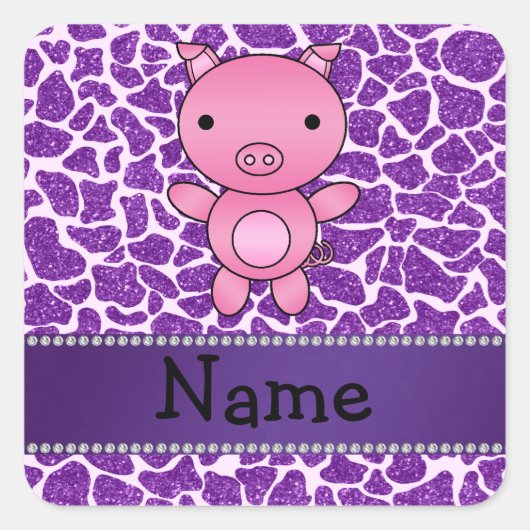 Personalisierter Name Schwein lila Glitzer Giraffe Quadratischer Aufkleber (Vorderseite)