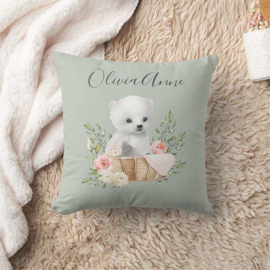 Personalisierter Name Script Sage Green Polar Bear Kissen (Decke)