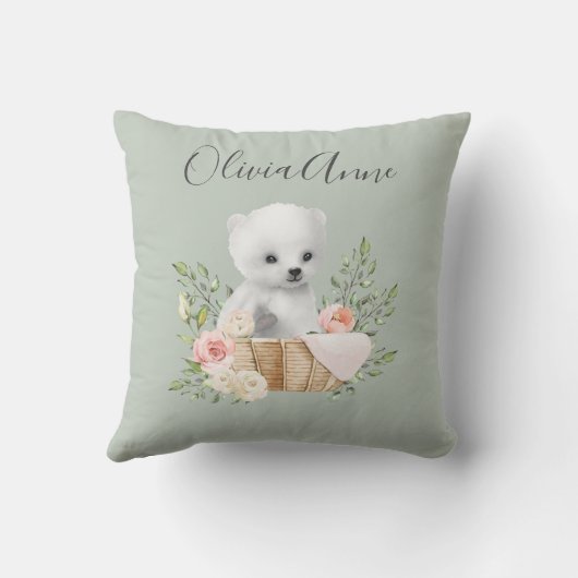 Personalisierter Name Script Sage Green Polar Bear Kissen (Rückseite)
