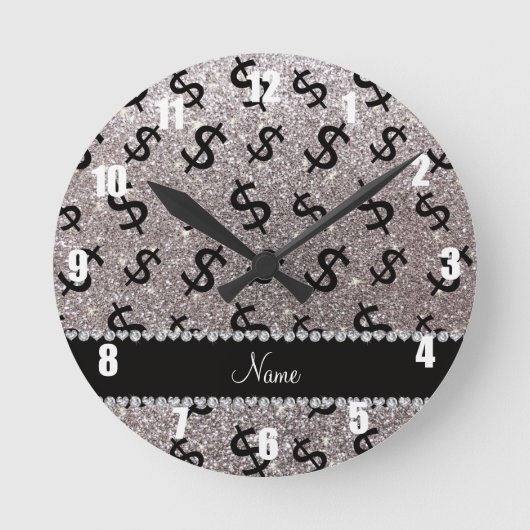Personalisierter Name Silber Glitzer Dollarzeichen Runde Wanduhr (Vorderseite)
