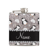 Personalisierter Name silber Glitzer Pinguine Iglu Flachmann (Vorderseite)