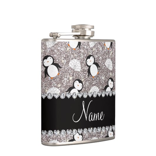 Personalisierter Name silber Glitzer Pinguine Iglu Flachmann (Rechts)