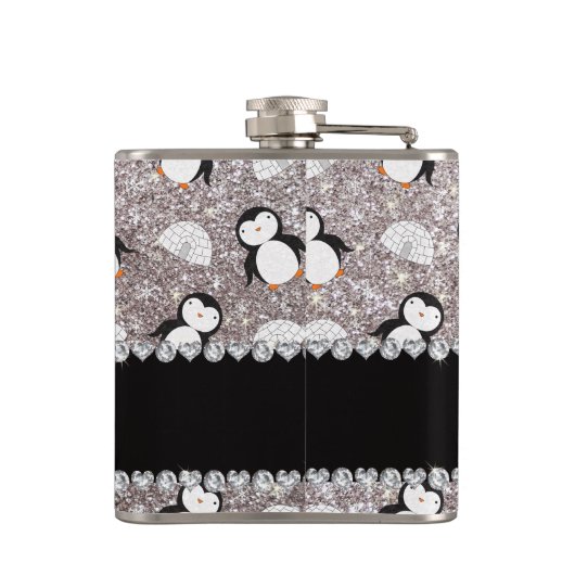 Personalisierter Name silber Glitzer Pinguine Iglu Flachmann (Rückseite)