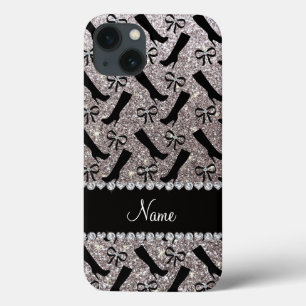 Personalisierter Name Silber Glitzer Stiefel Bows iPhone 13 Hülle