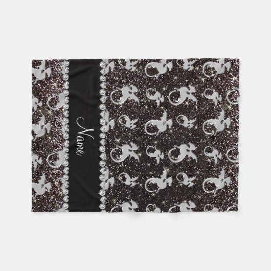 Personalisierter Name Silberdrachen Schwarzer Glit Fleecedecke (Vorderseite (Horizontal))