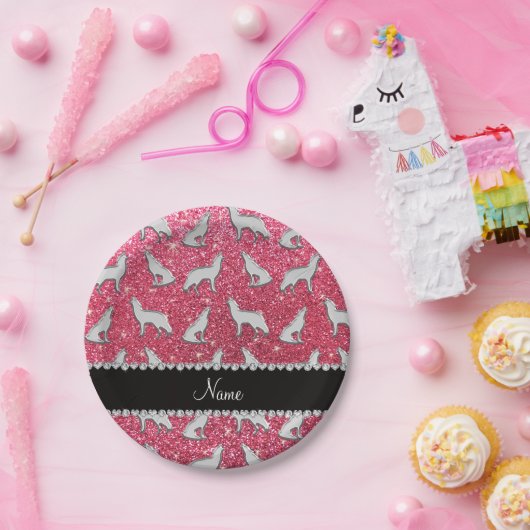 Personalisierter Name Silberwolf fuchsia rosa Glit Pappteller (Party)