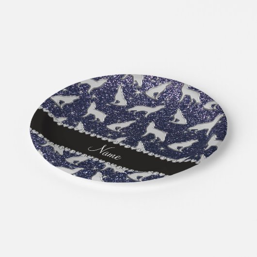 Personalisierter Name Silberwolf-Glitzer Pappteller (Schrägansicht)