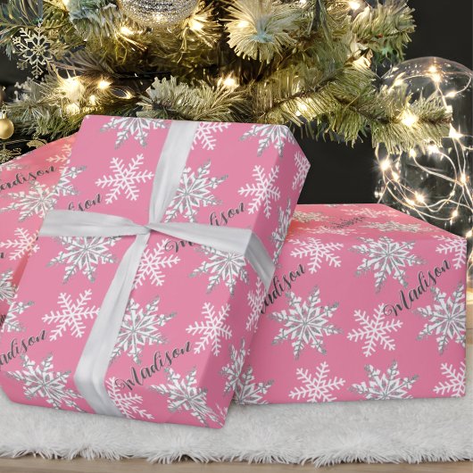 Personalisierter Name Silver Snowflake Pink Gift Geschenkpapier