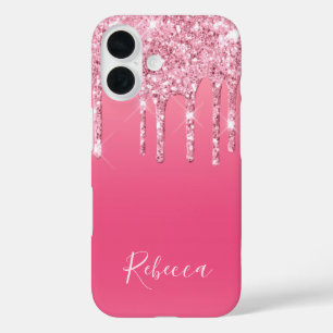 Personalisierter Name Skript Rosa Glitzer Drift iPhone 16 Hülle