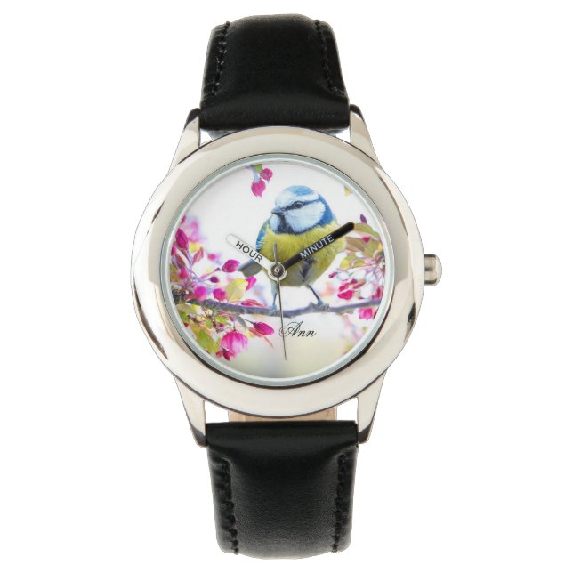 Personalisierter Name Spring Bird Watch Armbanduhr (Vorderseite)