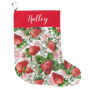 Personalisierter Name Strawberry Floral Großer Weihnachtsstrumpf