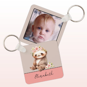Personalisierter Name süße Faultier 1 Foto grün Schlüsselanhänger