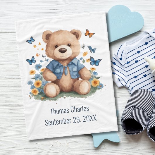 Personalisierter Name Teddy Bear Butterflies Baby Fleecedecke