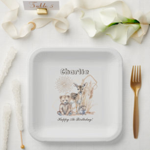 Personalisierter Name Text Boho Woodland Forest An Pappteller