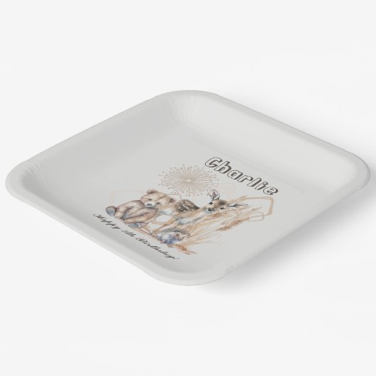 Personalisierter Name Text Boho Woodland Forest An Pappteller (Gewinkelt)