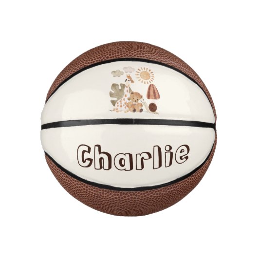 Personalisierter Name Text Boho Woodland Jungtier Mini Basketball (Vorderseite)