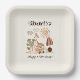 Personalisierter Name Text Boho Woodland Jungtier Pappteller