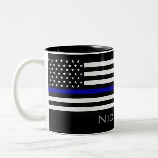 Personalisierter Name Thin Blue Line-Flag Zweifarbige Tasse (Links)
