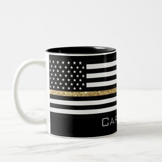 Personalisierter Name Thin Gold Line Glitzer-Flag Zweifarbige Tasse (Links)