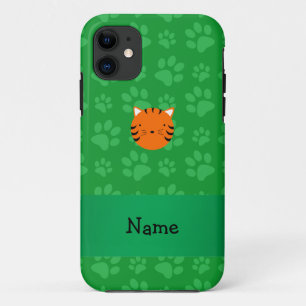 Personalisierter Name Tiger Gesicht grünes Pfotenm iPhone 11 Hülle