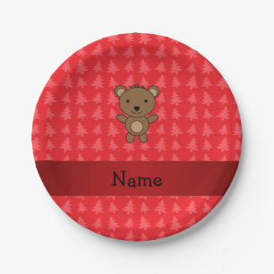 Personalisierter Name trägt rote Weihnachtsbäume Pappteller