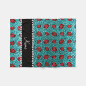 Personalisierter Name Türkis Glitzer Ladybug Fleecedecke (Vorderseite (Horizontal))