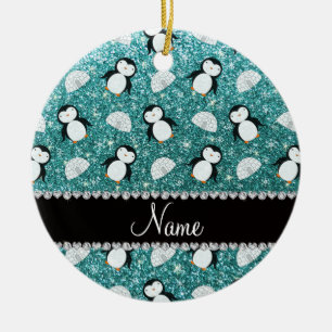 Personalisierter Name Türkis Glitzer Pinguine Iglu Keramik Ornament