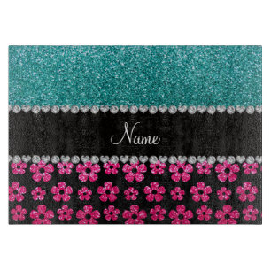 Personalisierter Name Türkis Rosa Glitzer Blume Schneidebrett