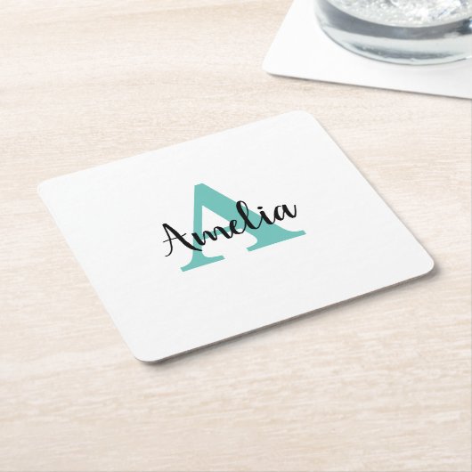 Personalisierter Name Turquoise Script Monogram Rechteckiger Pappuntersetzer (angewinkelt)