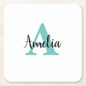Personalisierter Name Turquoise Script Monogram Rechteckiger Pappuntersetzer (Vorderseite)