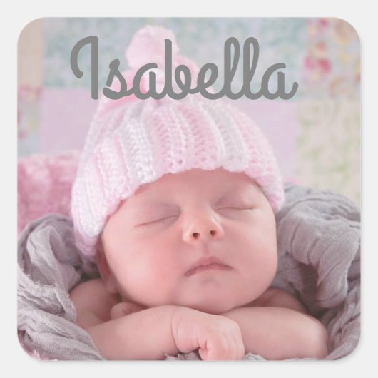 Personalisierter Name und Foto des Säuglings Quadratischer Aufkleber (Vorderseite)